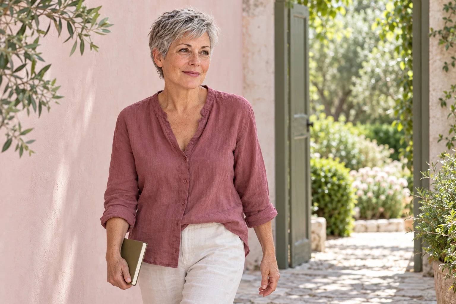 Helen walking into a quiet garden