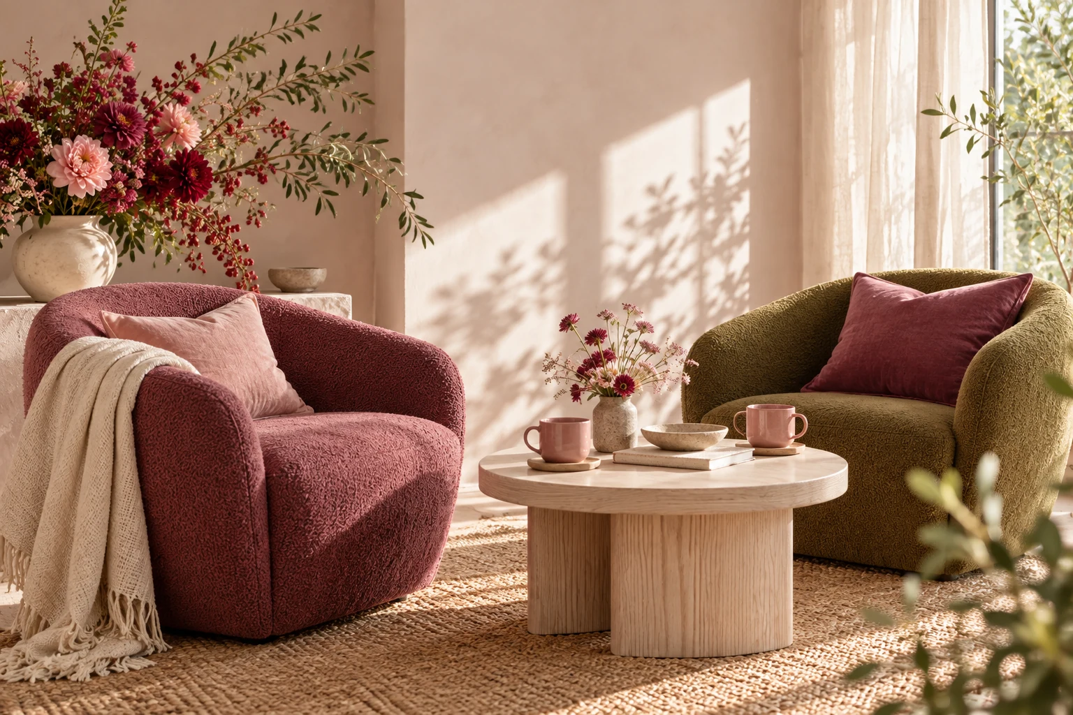 Two puce and olive armchairs angled toward one another in the sunlit studio